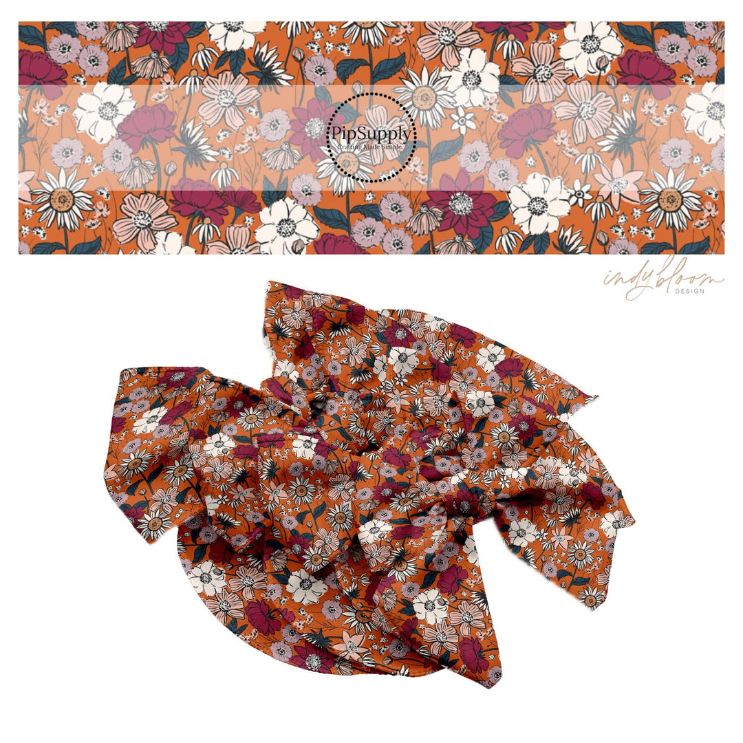 Autumnal Floral Fields on Pumpkin Hair Bow Strips