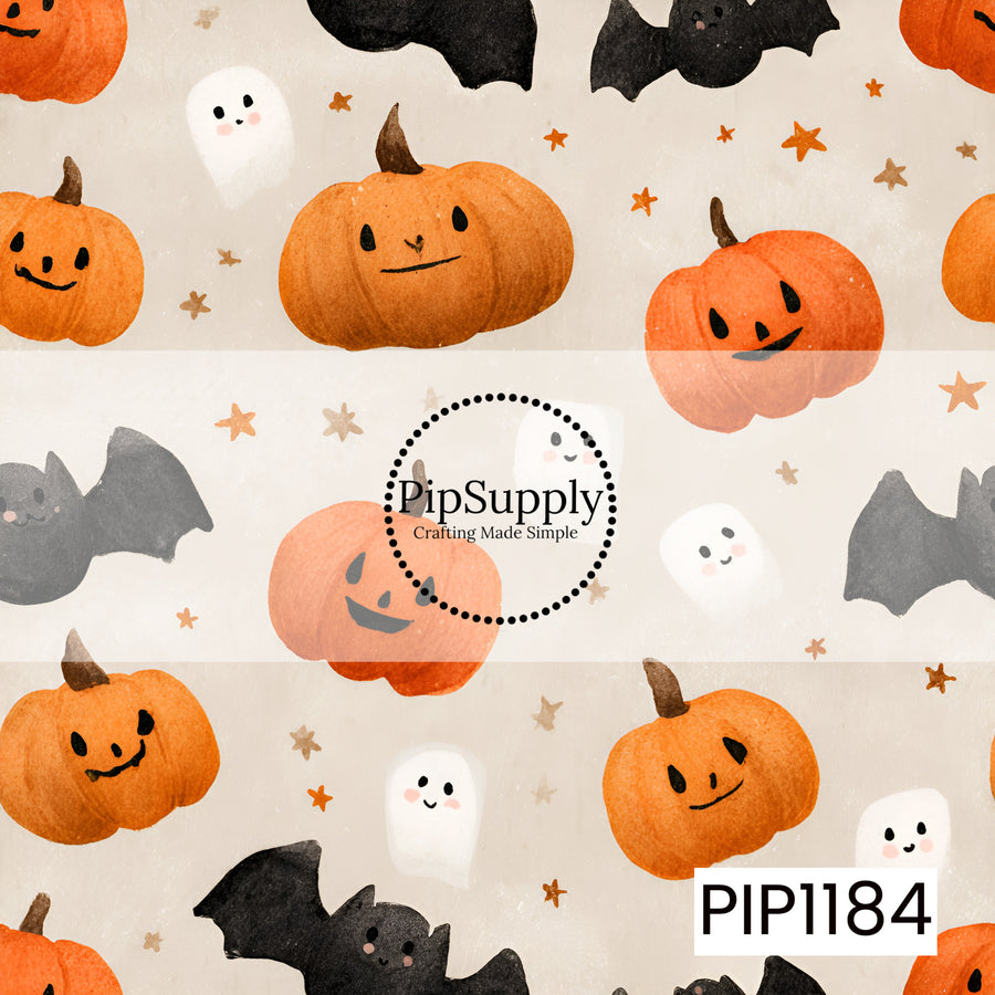 A sweet and spooky watercolor Halloween print featuring cheerful jack-o’-lanterns, friendly little ghosts, playful black bats, and scattered stars on a warm creamy background. Soft textures and cute smiling faces give this design a cozy, whimsical feel that’s perfect for Halloween crafting.
