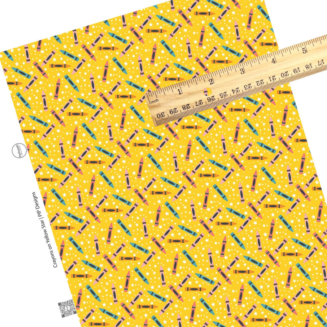 Crayons on Yellow Star Faux Leather Sheets