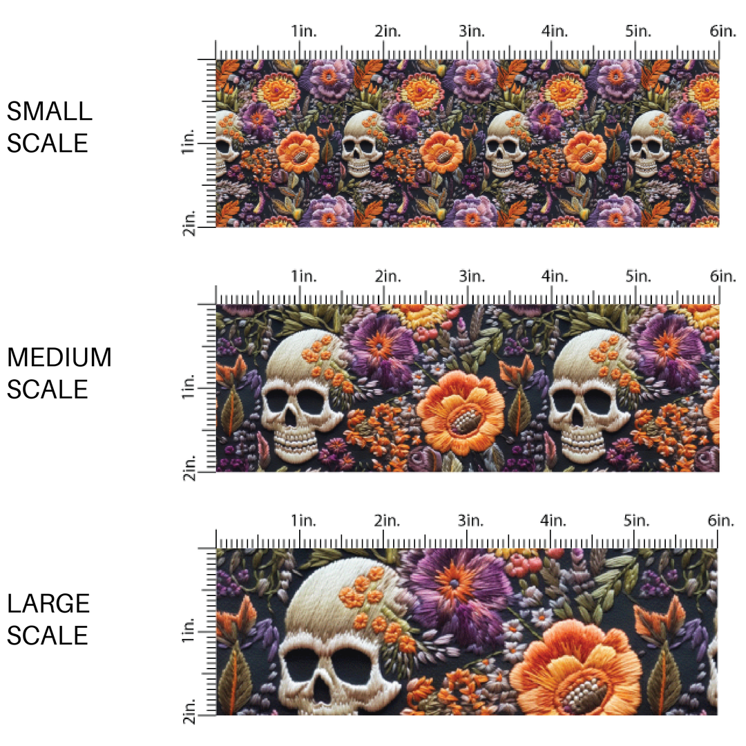 Floral Halloween Skulls Embroidered Fabric By The Yard