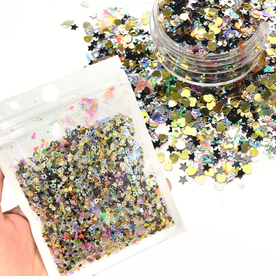 This fun stars and heart sequin mix is perfect for crafting, embellishing, or decorating! Use them for a New Years hair bow shaker sleeve, add them to your resin projects for some fun party accessories, or add them to any other resin or crafty projects you may have for this upcoming New Year Celebration! Choose your style and get creative!