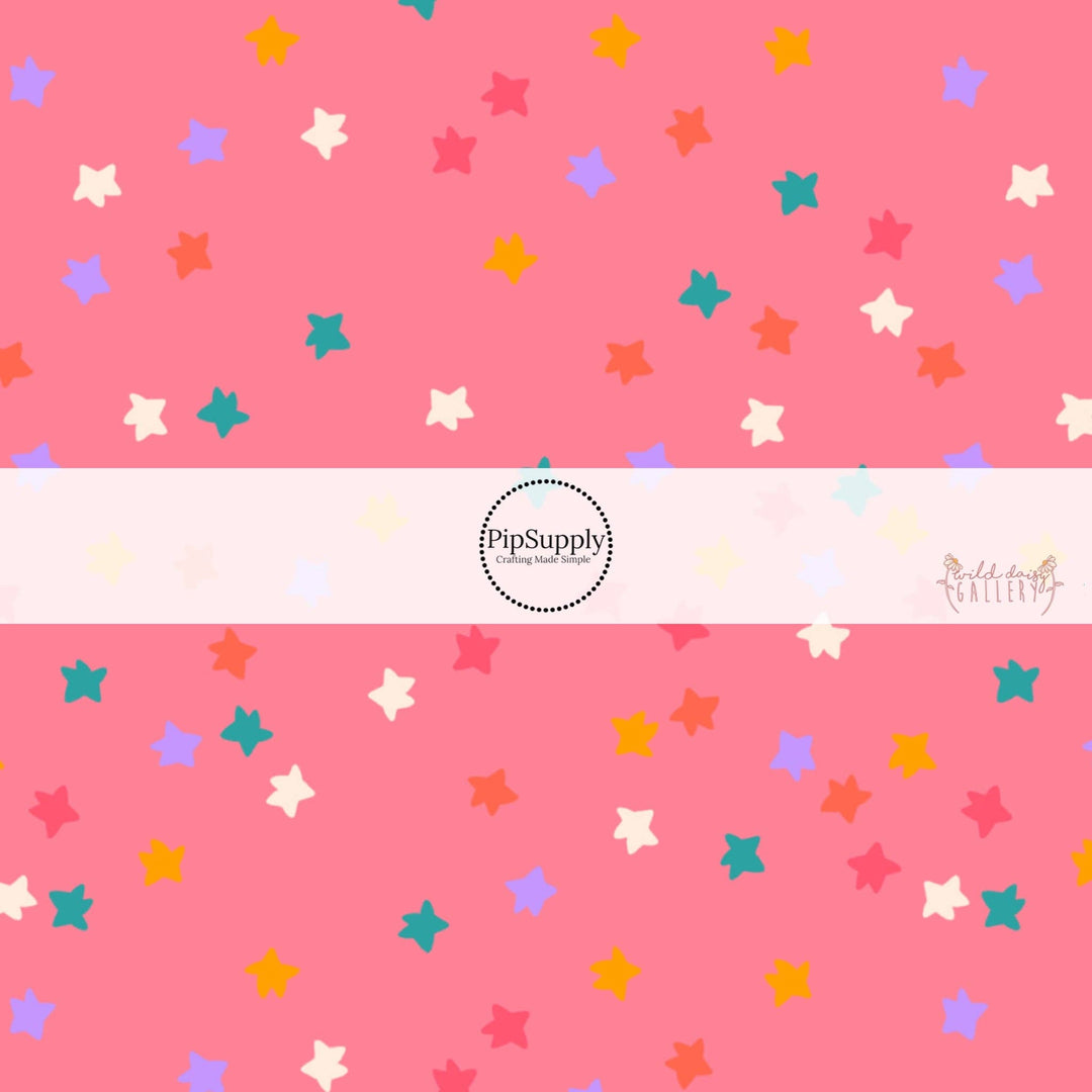 Multi Scattered Stars Pink Hair Bow Strips