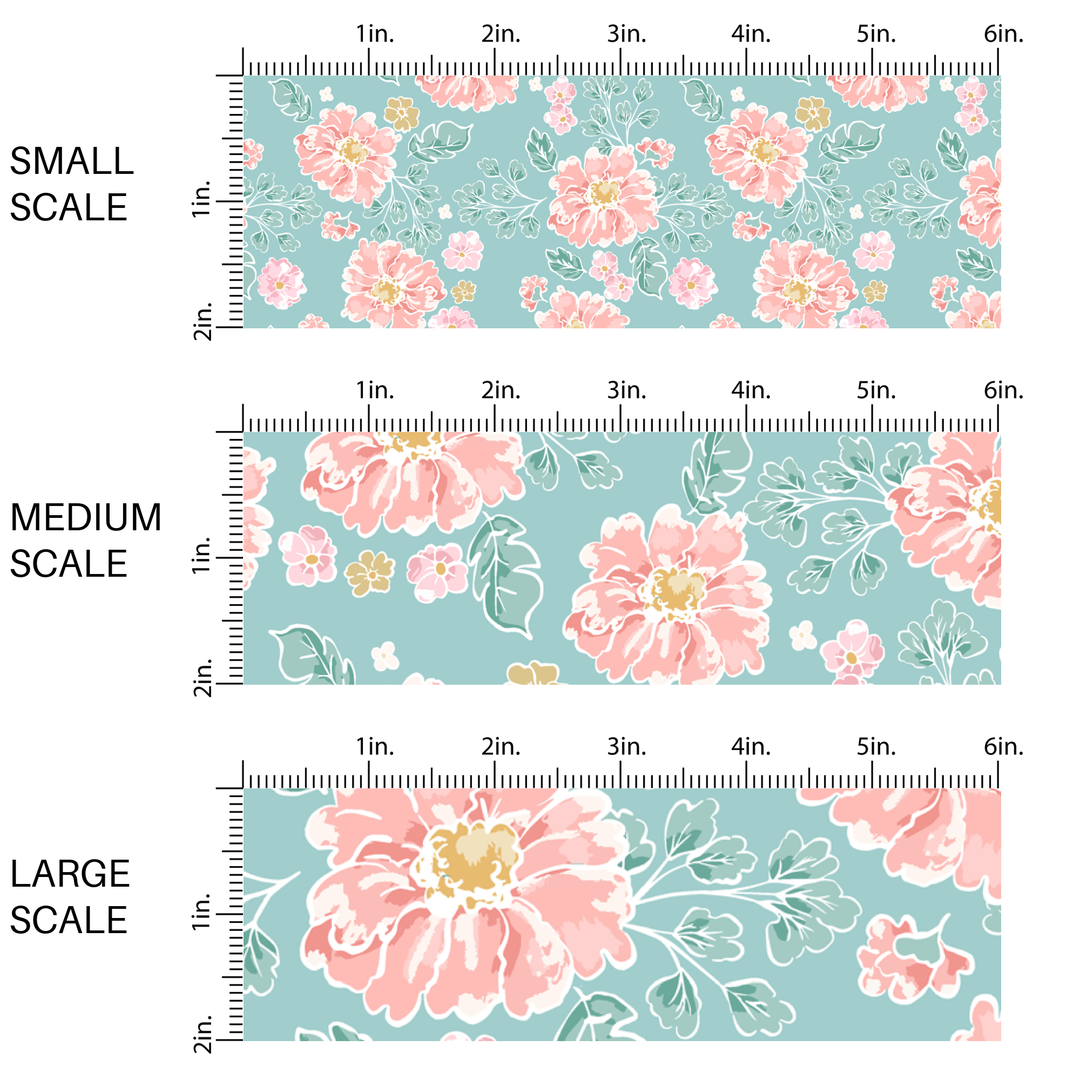 Peach and Seafoam Blooms Fabric By The Yard