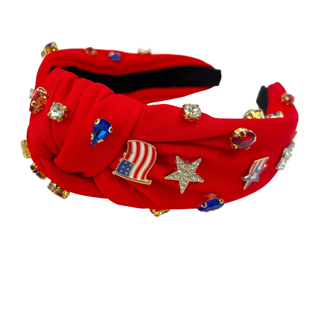 These patriotic rhinestone embellished headbands are a stylish hair accessory having the look of a knotted headwrap and the on and off ease of a headband. Made with thick high quality fabric these headbands are a perfect simple and fashionable answer to keeping your hair back!