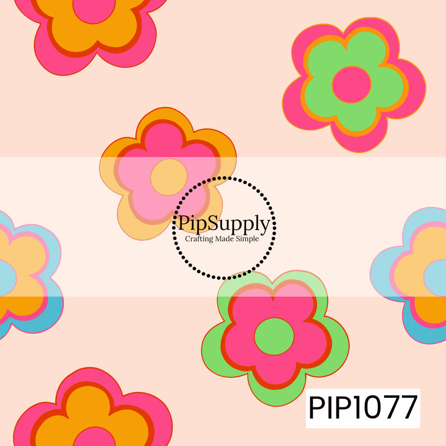 A playful retro floral pattern featuring oversized mod-inspired flowers in vibrant shades of hot pink, lime green, orange, yellow, and aqua on a soft peach background. The bold color palette and simple flower shapes create a fun, groovy design with a bright vintage aesthetic.

