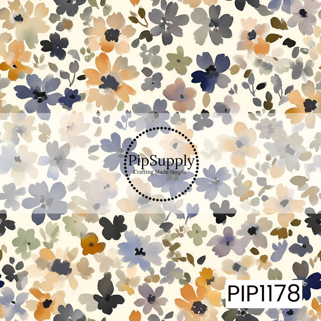A soft watercolor floral print filled with loosely painted blooms in dusty blue, muted navy, warm apricot, soft peach, sage green, taupe, and smoky gray. The flowers and delicate leafy sprigs are scattered across a creamy ivory background, creating an airy garden-inspired look. Blended edges, translucent layers, and subtle variations in color give the design a relaxed hand-painted quality with a slightly vintage feel. The mix of cool blues and warm golden neutrals makes this print soft and understated while
