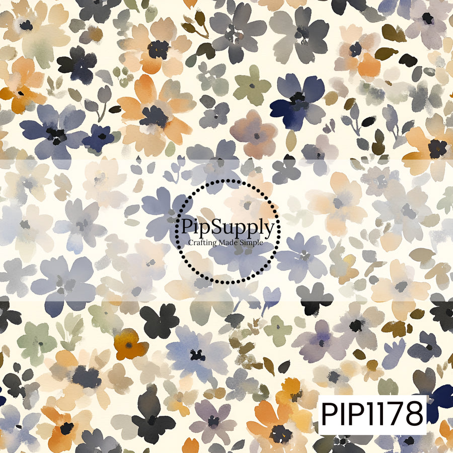 A soft watercolor floral print filled with loosely painted blooms in dusty blue, muted navy, warm apricot, soft peach, sage green, taupe, and smoky gray. The flowers and delicate leafy sprigs are scattered across a creamy ivory background, creating an airy garden-inspired look. Blended edges, translucent layers, and subtle variations in color give the design a relaxed hand-painted quality with a slightly vintage feel. The mix of cool blues and warm golden neutrals makes this print soft and understated while