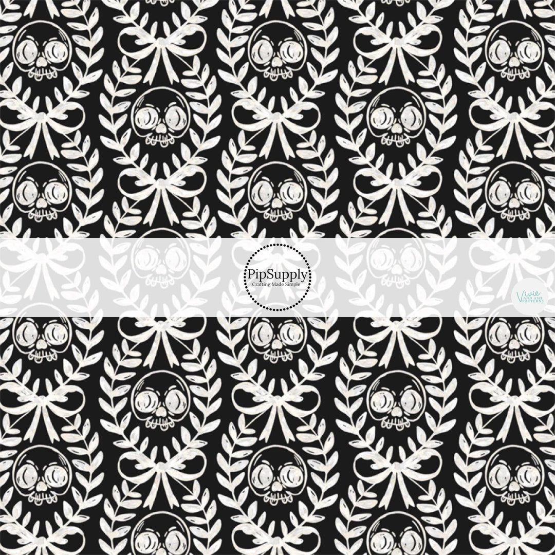 Black Laurel Leaf Skulls Fabric By The Yard