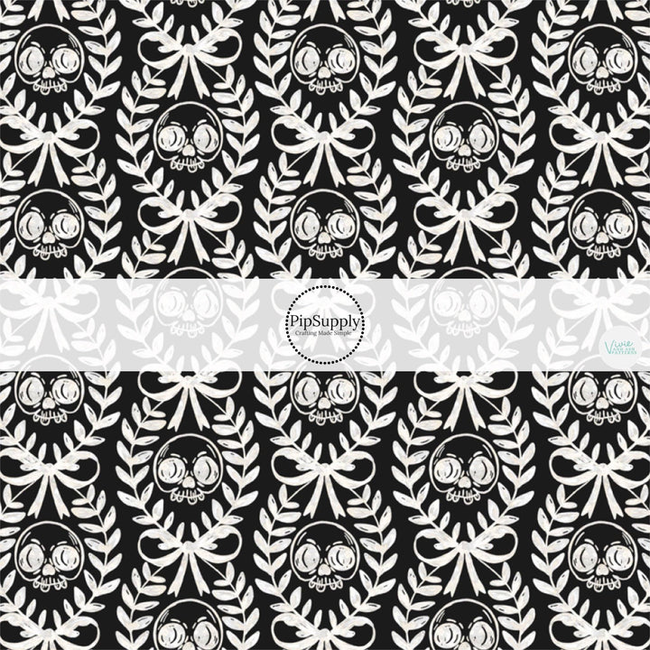 Black Laurel Leaf Skulls Fabric By The Yard