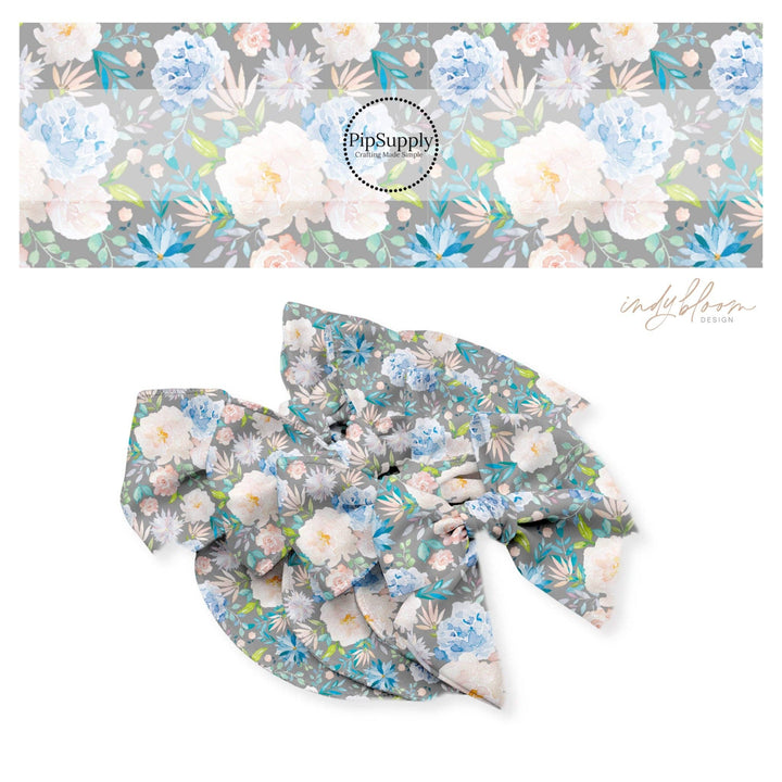 Blue Multi Blossoms On Gray Hair Bow Strips