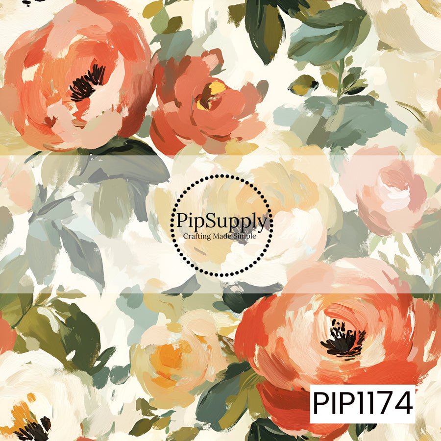 A romantic painterly floral pattern featuring oversized, loosely brushed blooms in warm coral, soft blush, creamy ivory, and buttery golden yellow. Layered foliage in sage, dusty blue-green, olive, and deep forest green adds depth and contrast, while the visible brushstrokes give the design a soft, hand-painted canvas feel.
