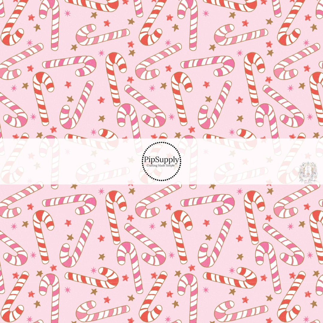 Vintage Pink Candy Canes and Stars Hair Bow Strips