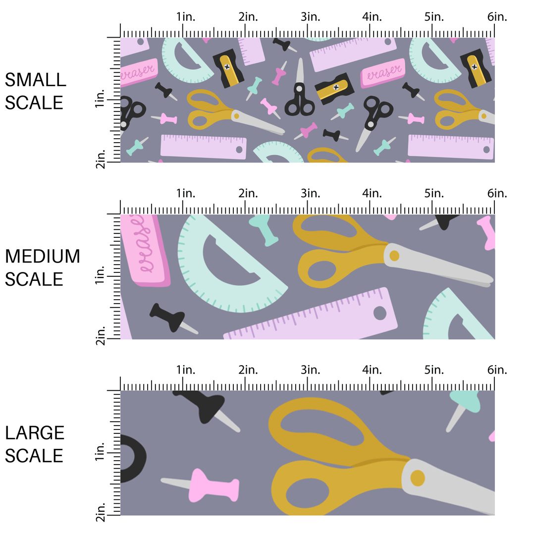 School Supplies on Grey Fabric By The Yard