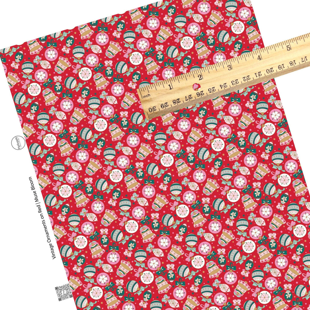 Vintage Ornaments on Red Faux Leather Sheets