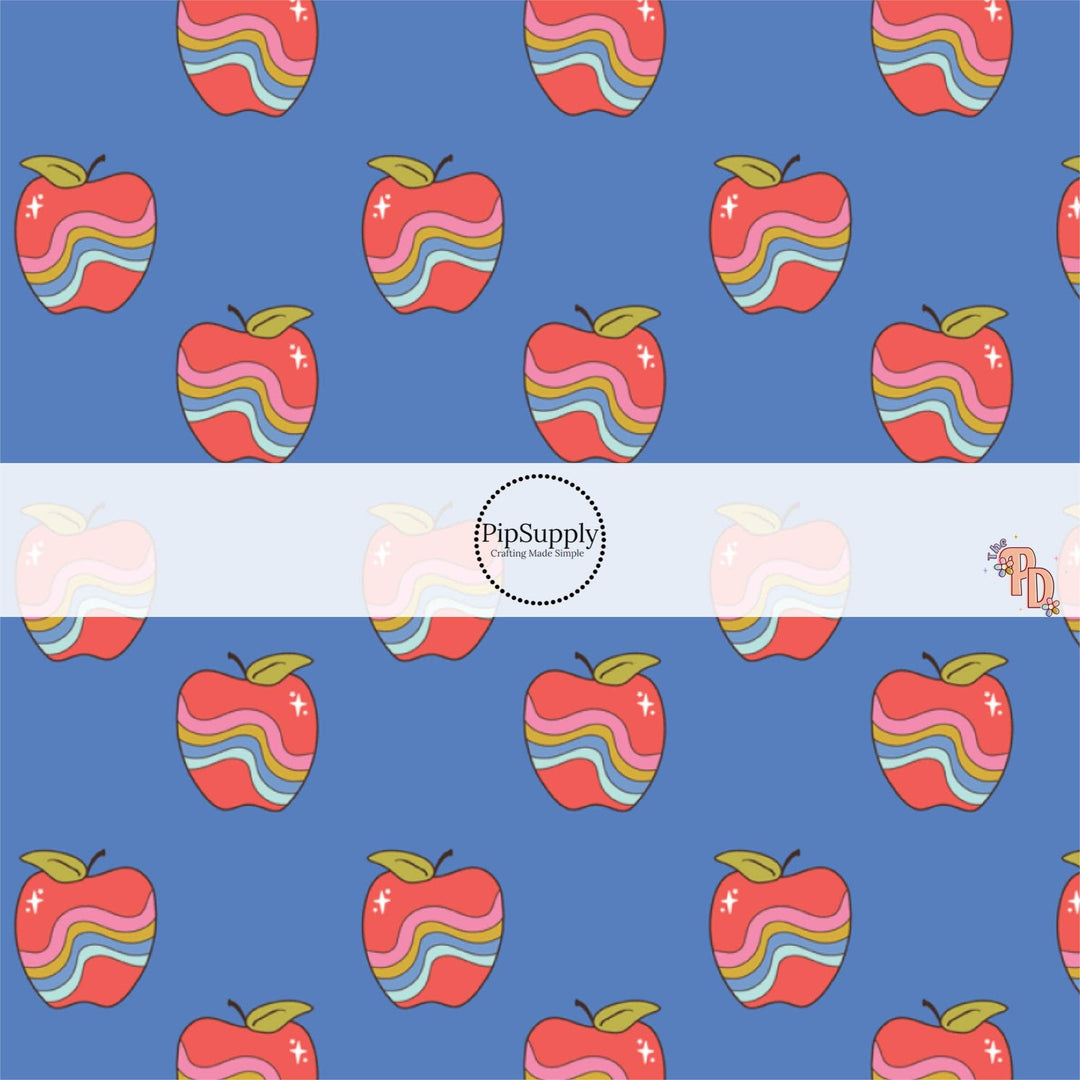 Wavy Apples on Blue Hair Bow Strips