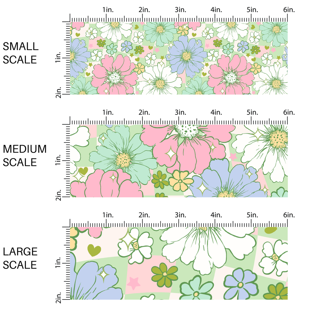 Pastel Flowers on Green Checker Fabric By The Yard