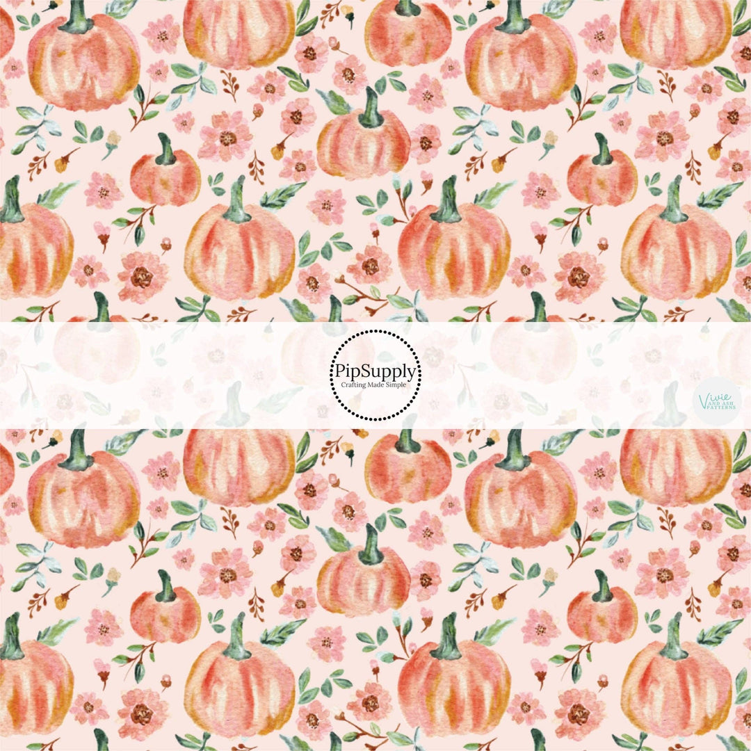 Watercolor Pumpkin Floral Hair Bow Strips