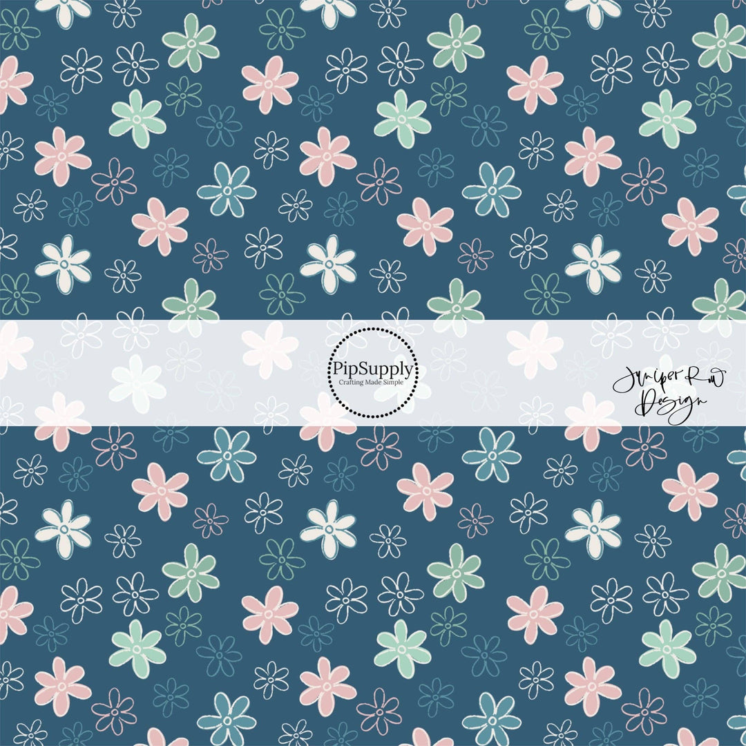 Multi Daisy Doodles Navy Hair Bow Strips