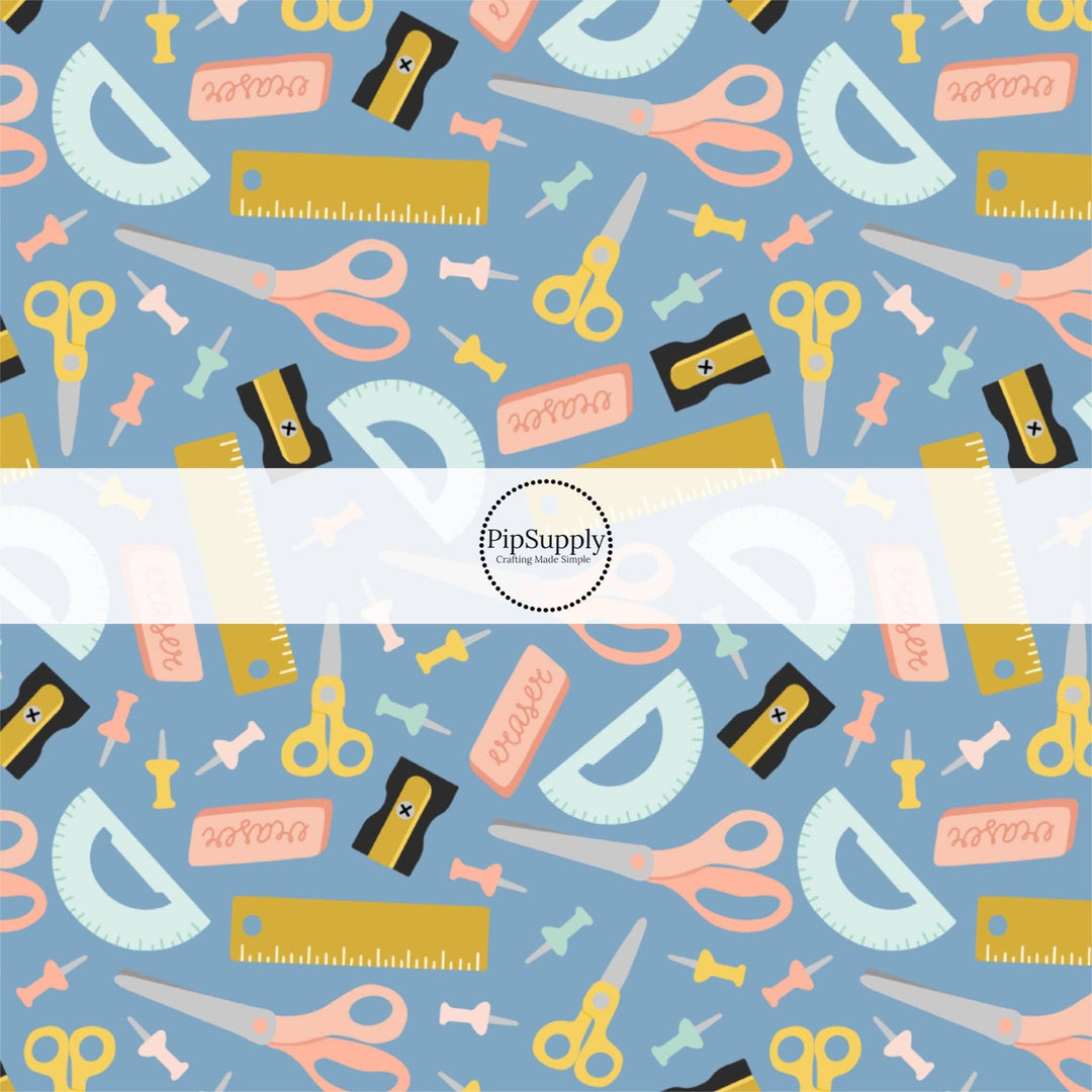 School Supplies on Denim Blue Hair Bow Strips