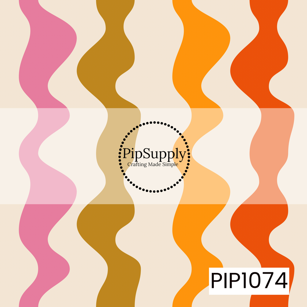 A playful retro pattern featuring wavy vertical ribbons in shades of pink, mustard, golden orange, and bright orange on a warm cream background. The flowing organic shapes and cheerful vintage-inspired color palette create a fun, groovy design with a clean, modern feel.
