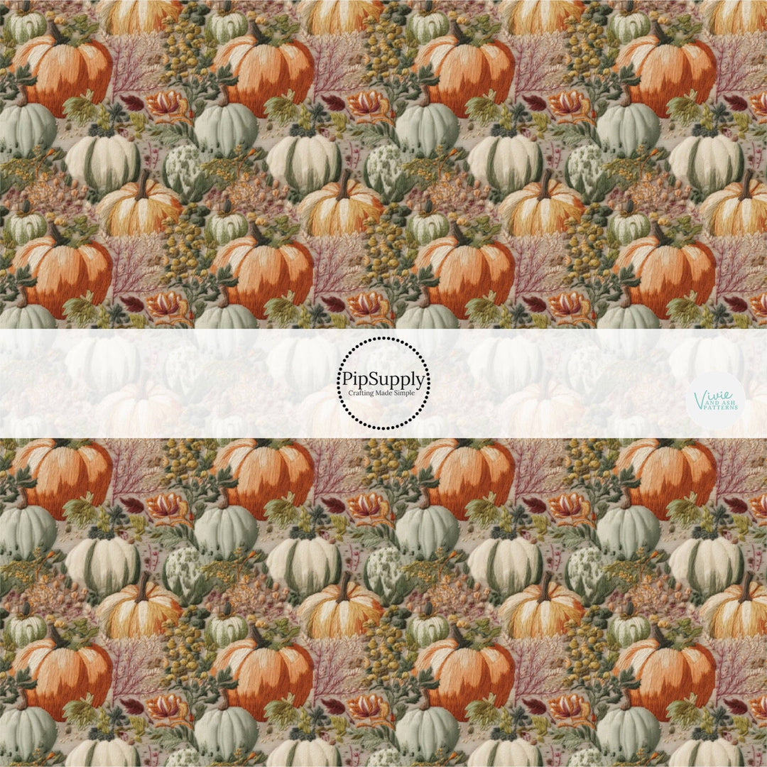 Floral Pumpkin Patch Neutrals Embroidered Hair Bow Strips