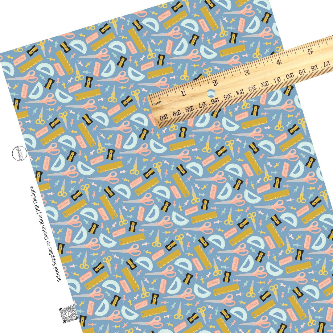 School Supplies on Denim Blue Faux Leather Sheets