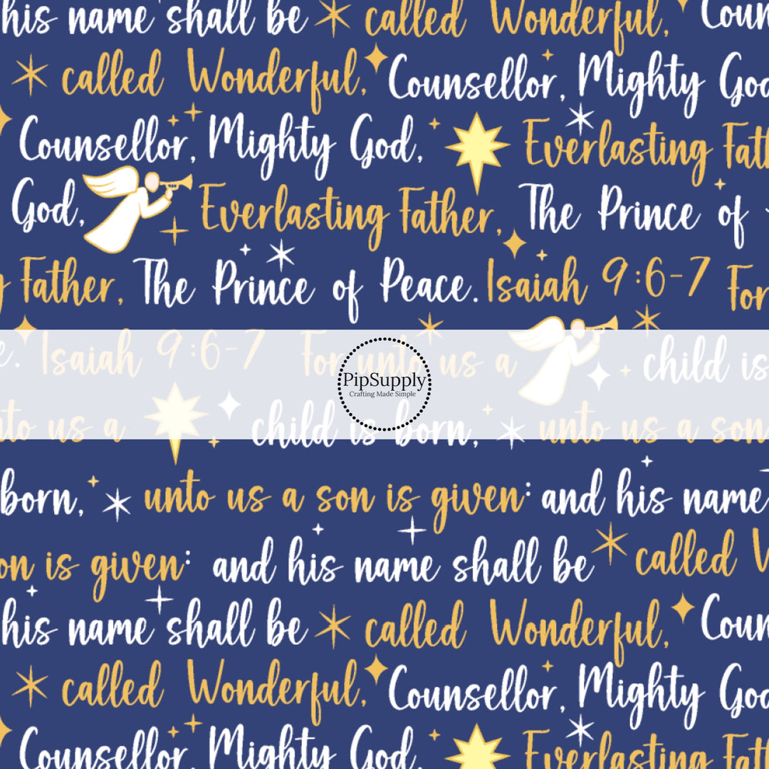 Popular Religious Christmas Sayings on Blue Fabric by the Yard.