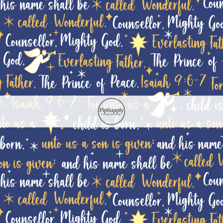 Popular Religious Christmas Sayings on Blue Fabric by the Yard.