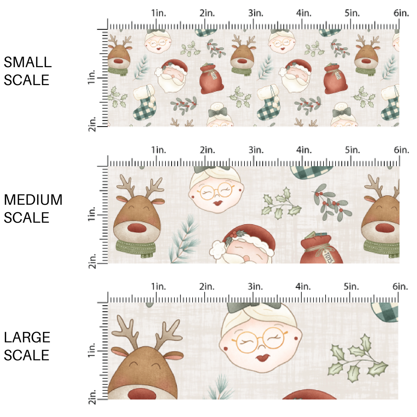 These holiday pattern themed fabric by the yard features Mr. and Mrs. Claus, reindeer, presents, and stockings on cream. This fun Christmas fabric can be used for all your sewing and crafting needs!