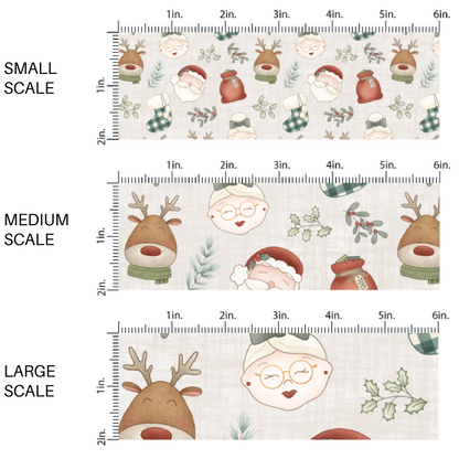 These holiday pattern themed fabric by the yard features Mr. and Mrs. Claus, reindeer, presents, and stockings on cream. This fun Christmas fabric can be used for all your sewing and crafting needs!