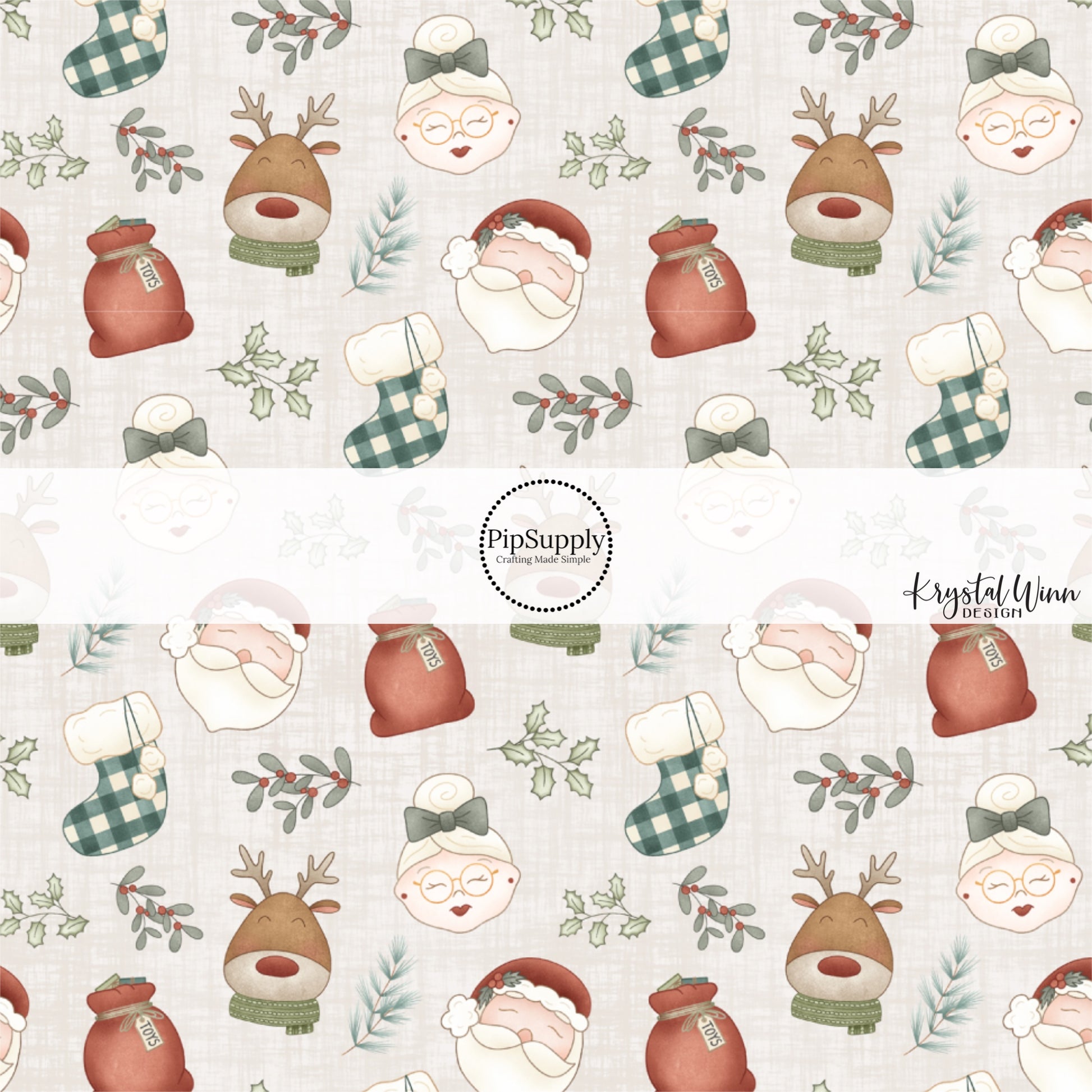 These holiday pattern themed fabric by the yard features Mr. and Mrs. Claus, reindeer, presents, and stockings on cream. This fun Christmas fabric can be used for all your sewing and crafting needs!