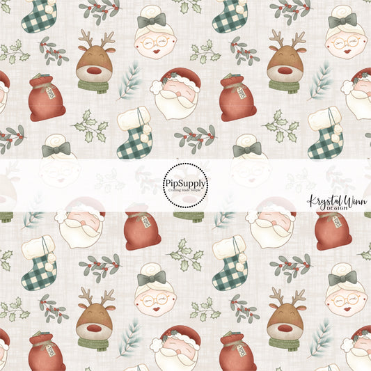 These holiday pattern themed fabric by the yard features Mr. and Mrs. Claus, reindeer, presents, and stockings on cream. This fun Christmas fabric can be used for all your sewing and crafting needs!