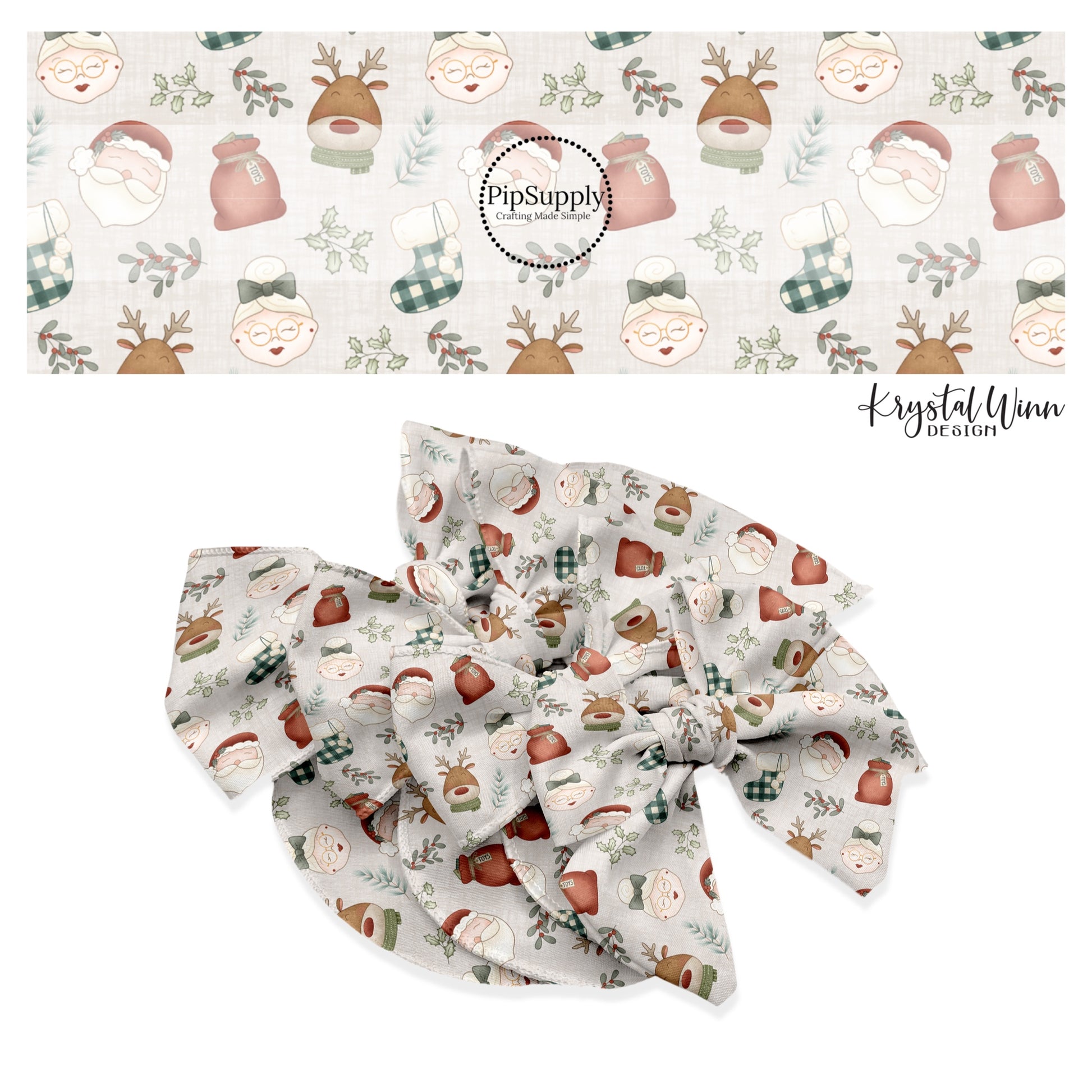 These holiday pattern themed no sew bow strips can be easily tied and attached to a clip for a finished hair bow. These Christmas bow strips are great for personal use or to sell. The bow strips features Mr. and Mrs. Claus, reindeer, presents, and stockings on cream.
