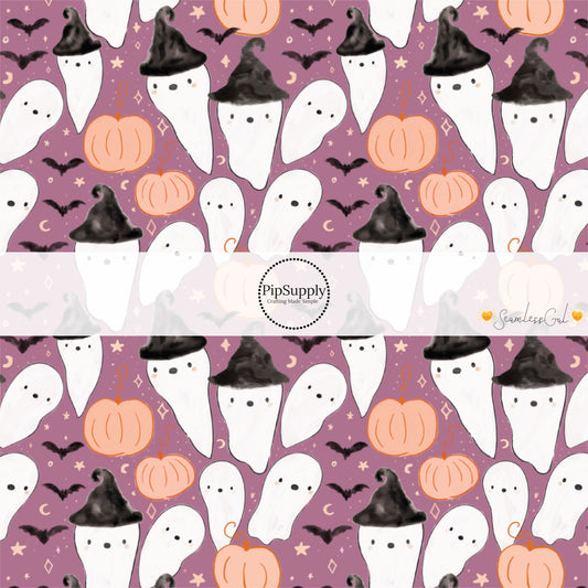 Purple fabric by the yard with ghosts, pumpkins, bats, and stars.
