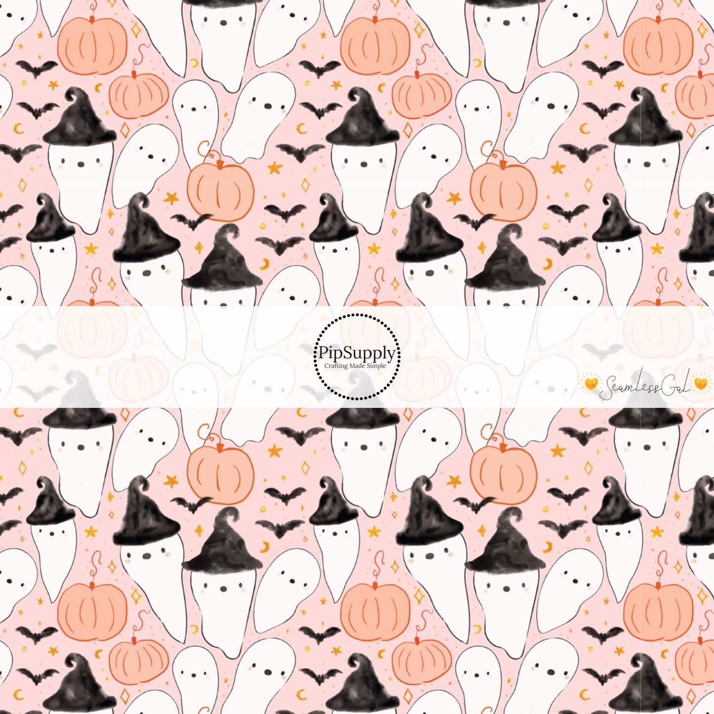 Light Pink fabric by the yard with ghosts, pumpkins, bats, and stars.