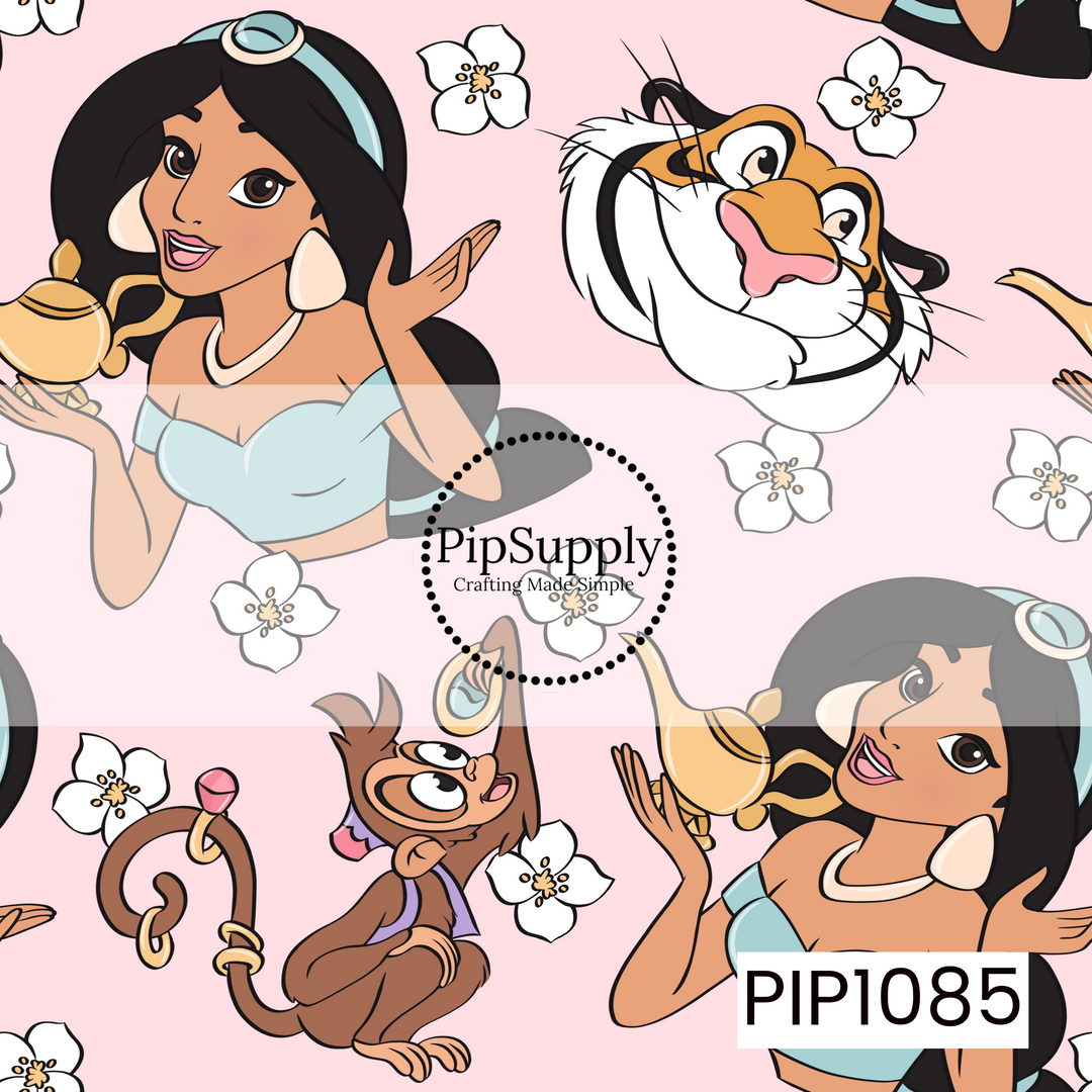A charming seamless pattern featuring an Arabian-inspired princess, a playful tiger, a curious monkey, and a magical lamp scattered across a soft blush pink background. Delicate white blossoms add a whimsical touch, creating a sweet fairy tale design with warm pastel colors and an adventurous storybook feel.
