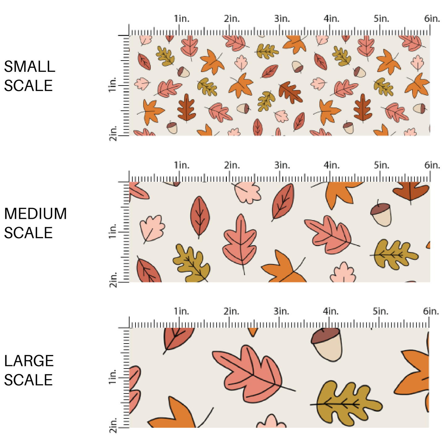 This scale chart of small scale, medium scale, and large scale of these fall themed cream fabric by the yard features fall leaves and acorns on cream. This fun fall themed fabric can be used for all your sewing and crafting needs! 