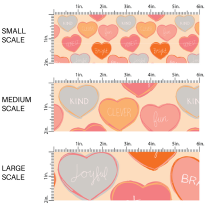 This scale chart of small scale, medium scale, and large scale of these Valentine's pattern themed fabric by the yard features pastel colored affirmation conversation hearts on cream. This fun Valentine's Day fabric can be used for all your sewing and crafting needs! 
