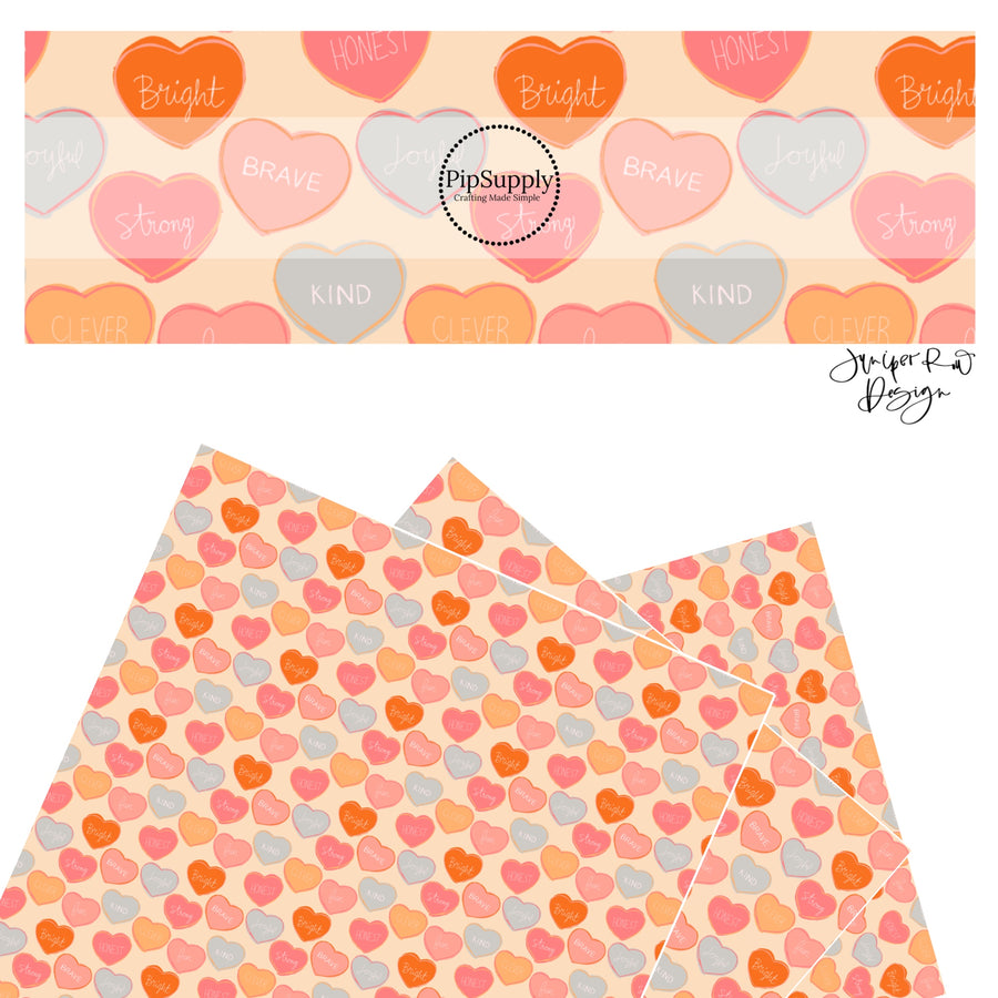 These Valentine's pattern themed faux leather sheets contain the following design elements: pastel colored affirmation conversation hearts on cream. Our CPSIA compliant faux leather sheets or rolls can be used for all types of crafting projects.