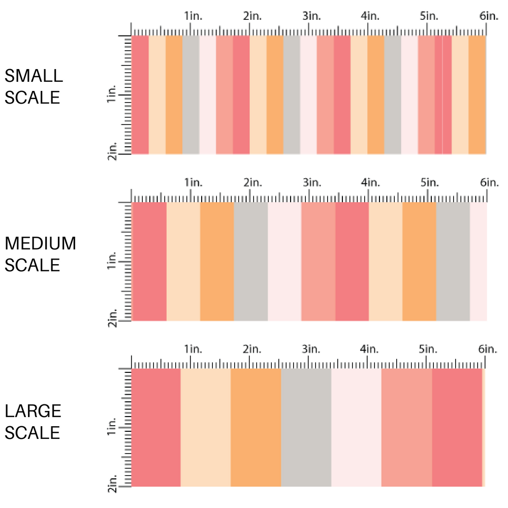 This scale chart of small scale, medium scale, and large scale of these Valentine's pattern themed fabric by the yard features peach, pink, orange, yellow, and light gray stripes. This fun Valentine's Day fabric can be used for all your sewing and crafting needs! 