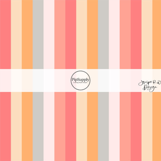 These Valentine's pattern themed fabric by the yard features peach, pink, orange, yellow, and light gray stripes. This fun Valentine's Day fabric can be used for all your sewing and crafting needs! 