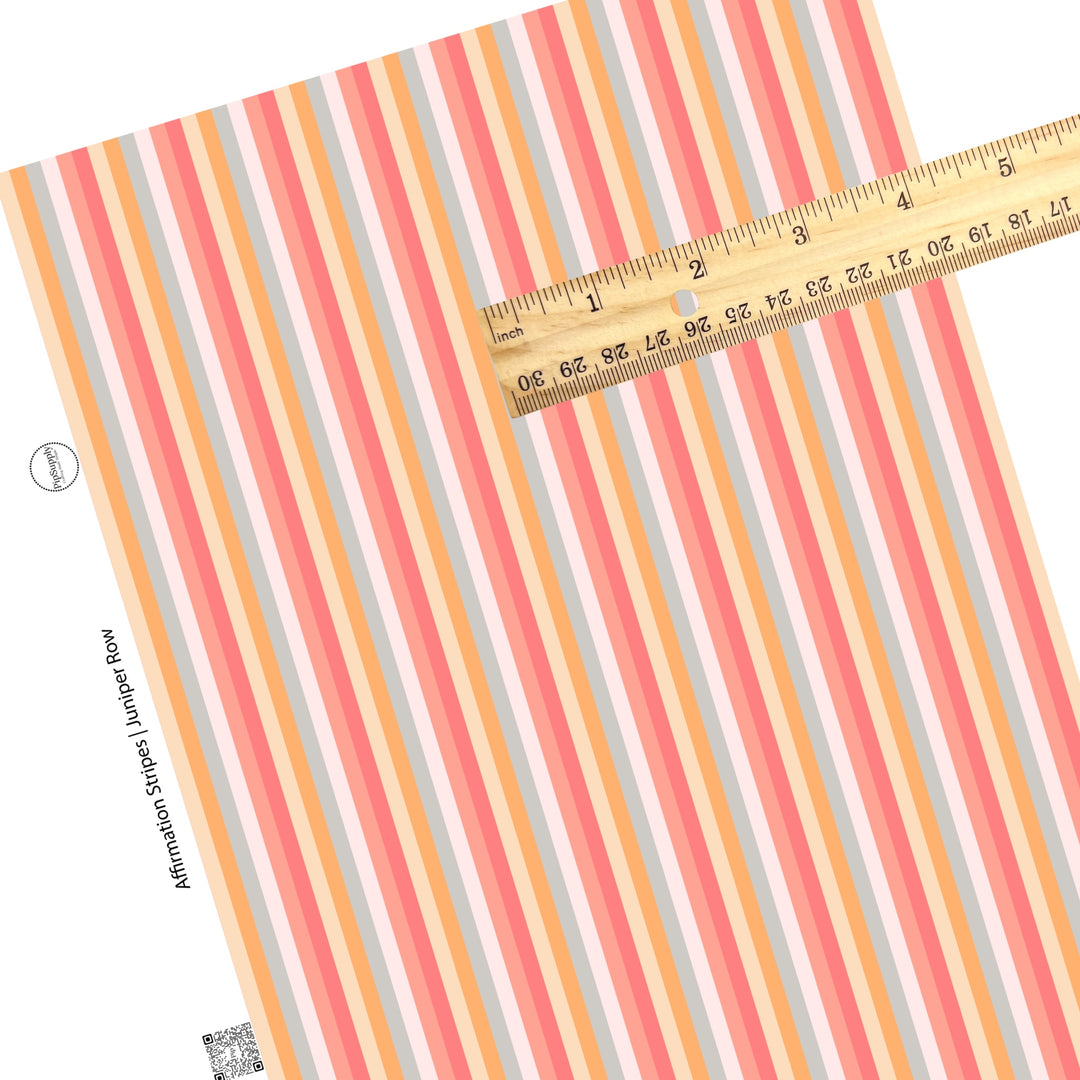 These Valentine's pattern themed faux leather sheets contain the following design elements: peach, pink, orange, yellow, and light gray stripes. Our CPSIA compliant faux leather sheets or rolls can be used for all types of crafting projects.