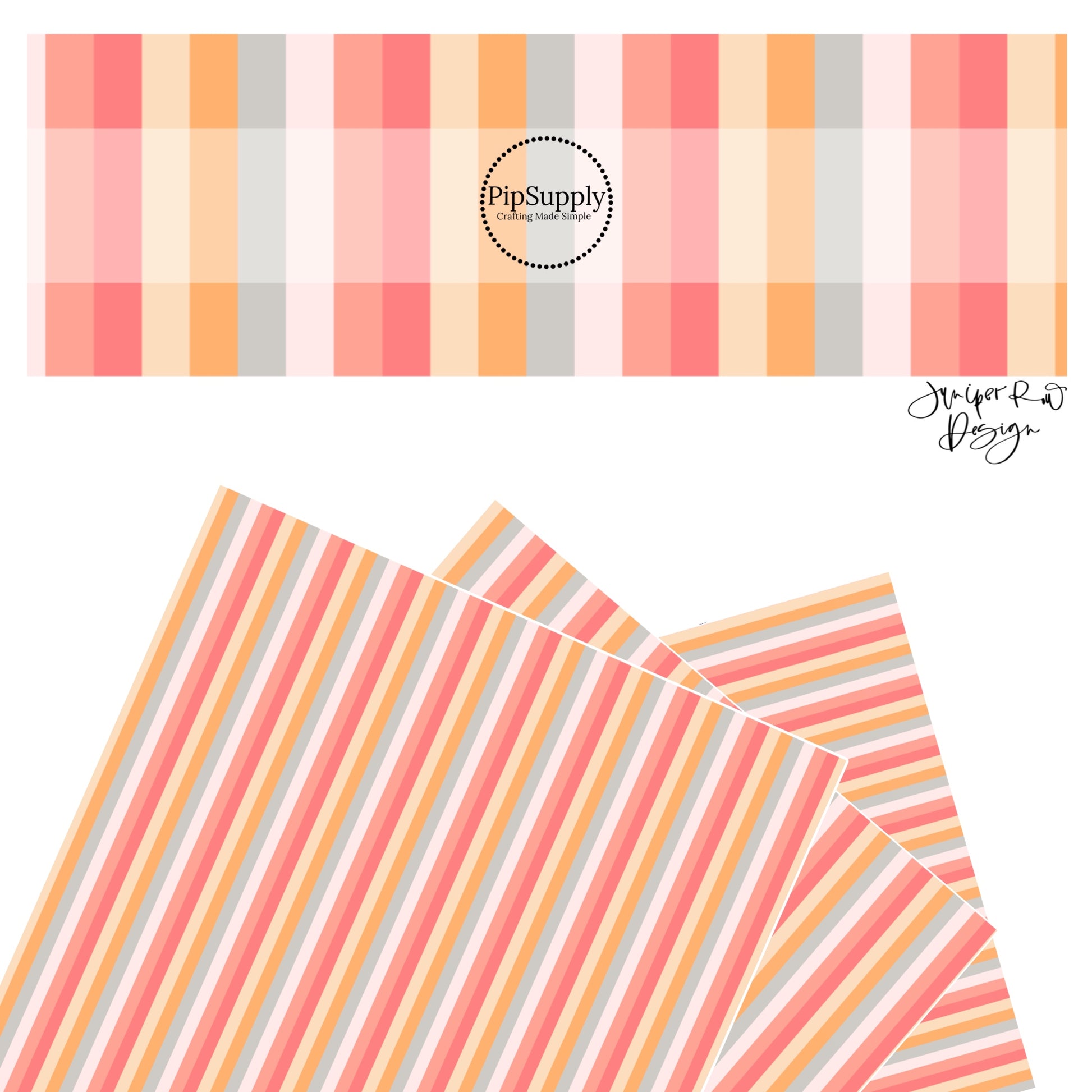 These Valentine's pattern themed faux leather sheets contain the following design elements: peach, pink, orange, yellow, and light gray stripes. Our CPSIA compliant faux leather sheets or rolls can be used for all types of crafting projects.