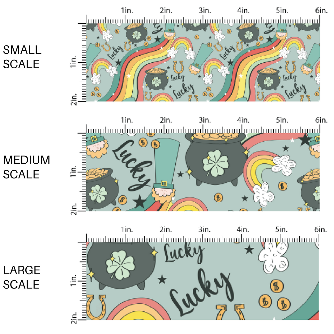 Pots of Gold, the Phrase "Lucky", Rainbows, and Gold Coins on Green Fabric by the Yard scaled image guide.