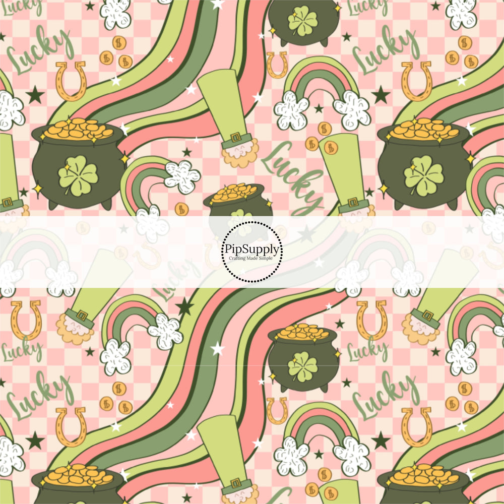 These patterned headband kits are easy to assemble and come with everything you need to make your own knotted headband. These St. Patrick's Day kits include a custom printed and sewn fabric strip and a coordinating velvet headband. This cute pattern features lucky leprechauns, rainbows, and pots of gold on pink and cream checkered pattern. 