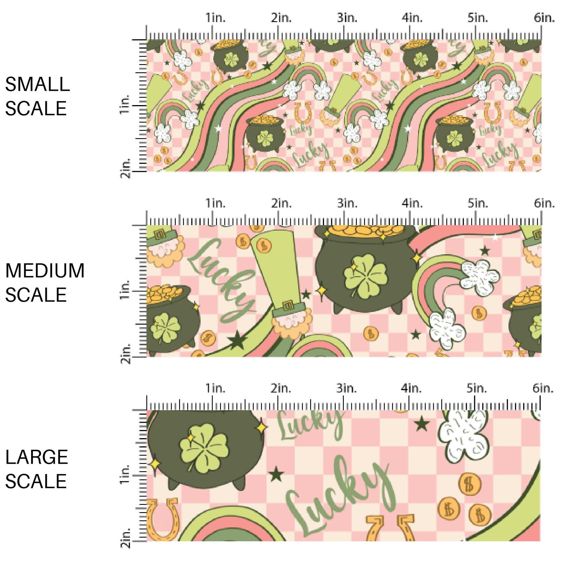 Pots of Gold, the Phrase "Lucky", Rainbows, and Gold Coins on Pink Checkered Fabric by the Yard scaled image guide.