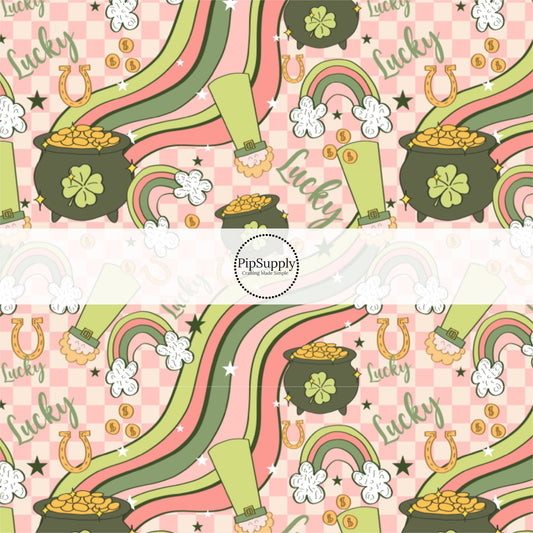 Pots of Gold, the Phrase "Lucky", Rainbows, and Gold Coins on Pink Checkered Fabric by the Yard