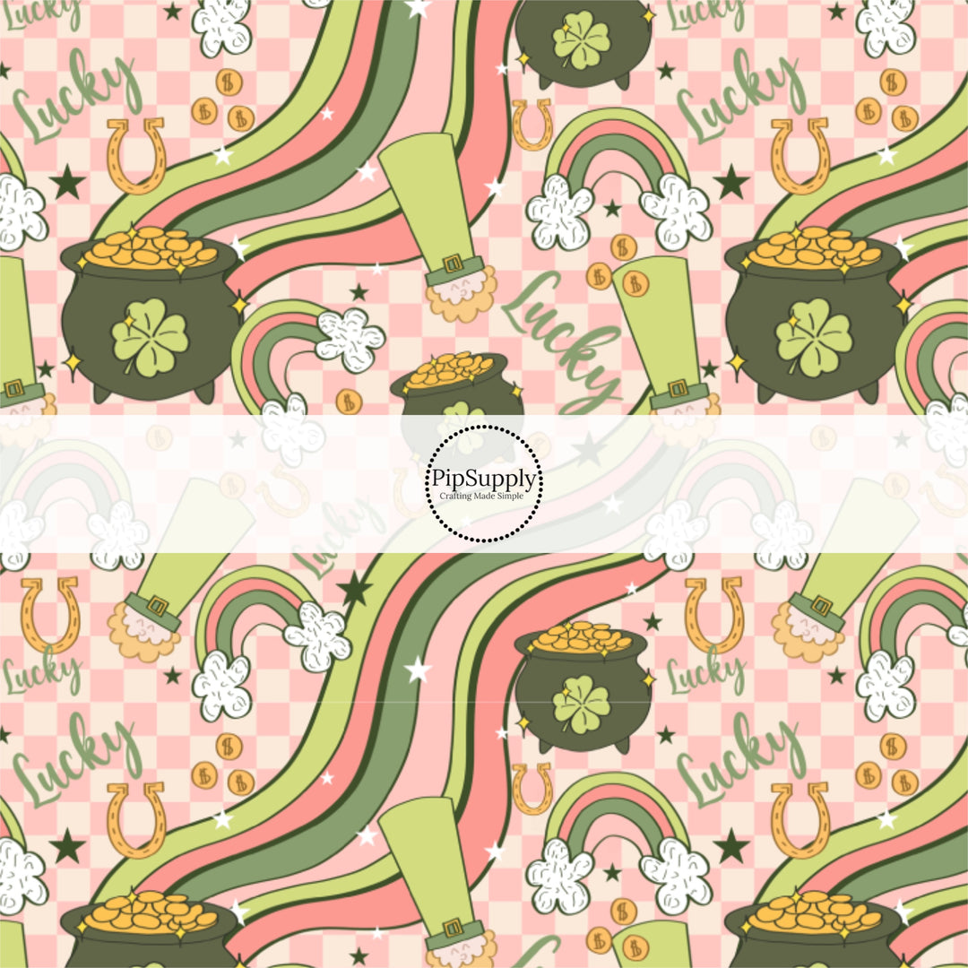 Pots of Gold, the Phrase "Lucky", Rainbows, and Gold Coins on Pink Checkered Fabric by the Yard