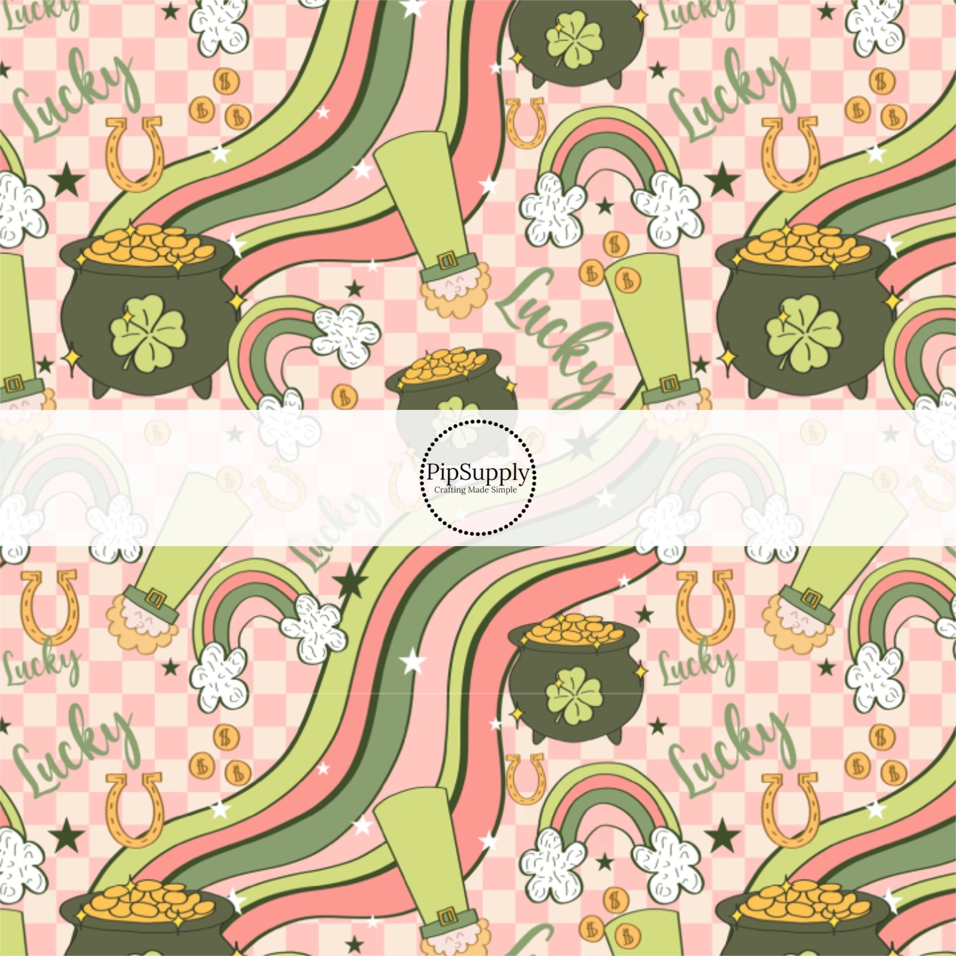 Pots of Gold, the Phrase "Lucky", Rainbows, and Gold Coins on Pink Checkered Fabric by the Yard