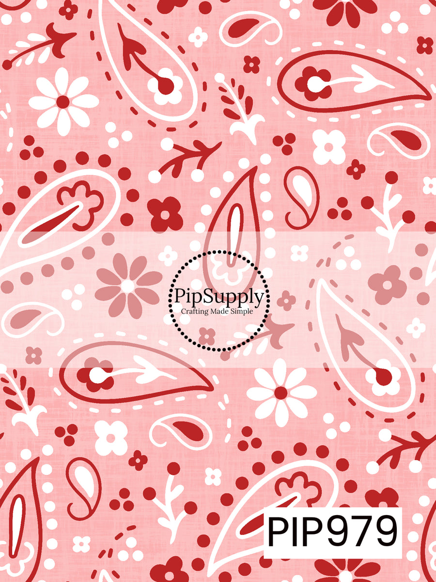 A bold western-inspired Valentine pattern featuring red and white bandana paisley, florals, dots, and heart accents on a soft pink linen-textured background. Perfect for Valentine's Day, western-themed projects, and cheerful handmade creations.
